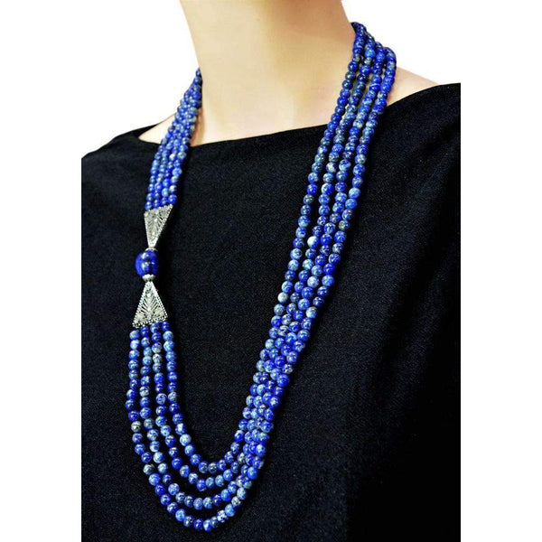 gemsmore:Natural Blue Lapis Lazuli Necklace 4 Strand Round Shape Beads