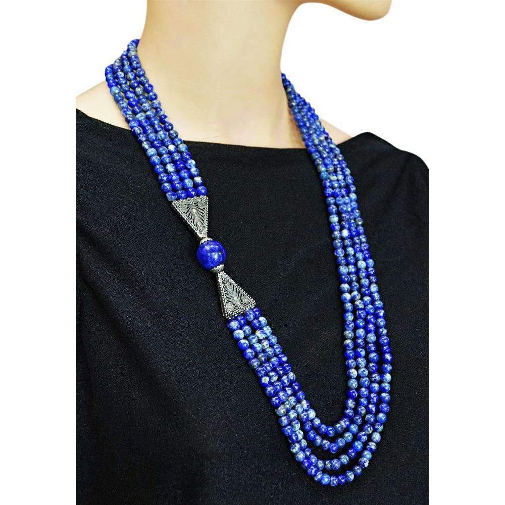 gemsmore:Natural Blue Lapis Lazuli Necklace 4 Strand Round Shape Beads