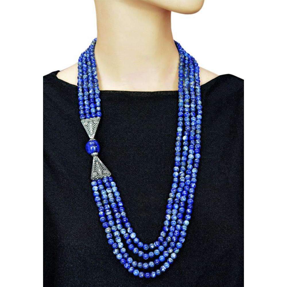 gemsmore:Natural Blue Lapis Lazuli Necklace 4 Strand Round Shape Beads