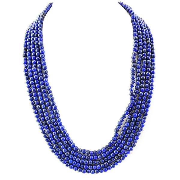 gemsmore:Natural Blue Lapis Lazuli Necklace 5 Strand Round Beads