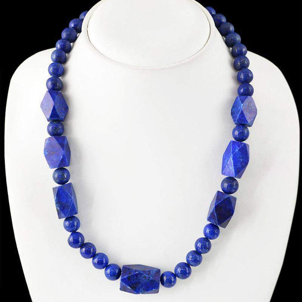 gemsmore:Natural Blue Lapis Lazuli Necklace Round Cut Untreated Beads