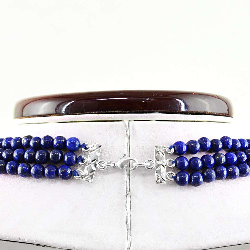 gemsmore:Natural Blue Lapis Lazuli Necklace Round Shape Beads - 3 Strand
