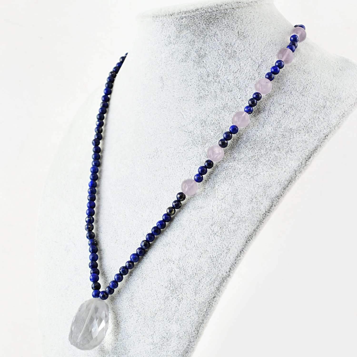 gemsmore:Natural Blue Lapis Lazuli & Pink Rose Quartz Necklace Untreated Beads