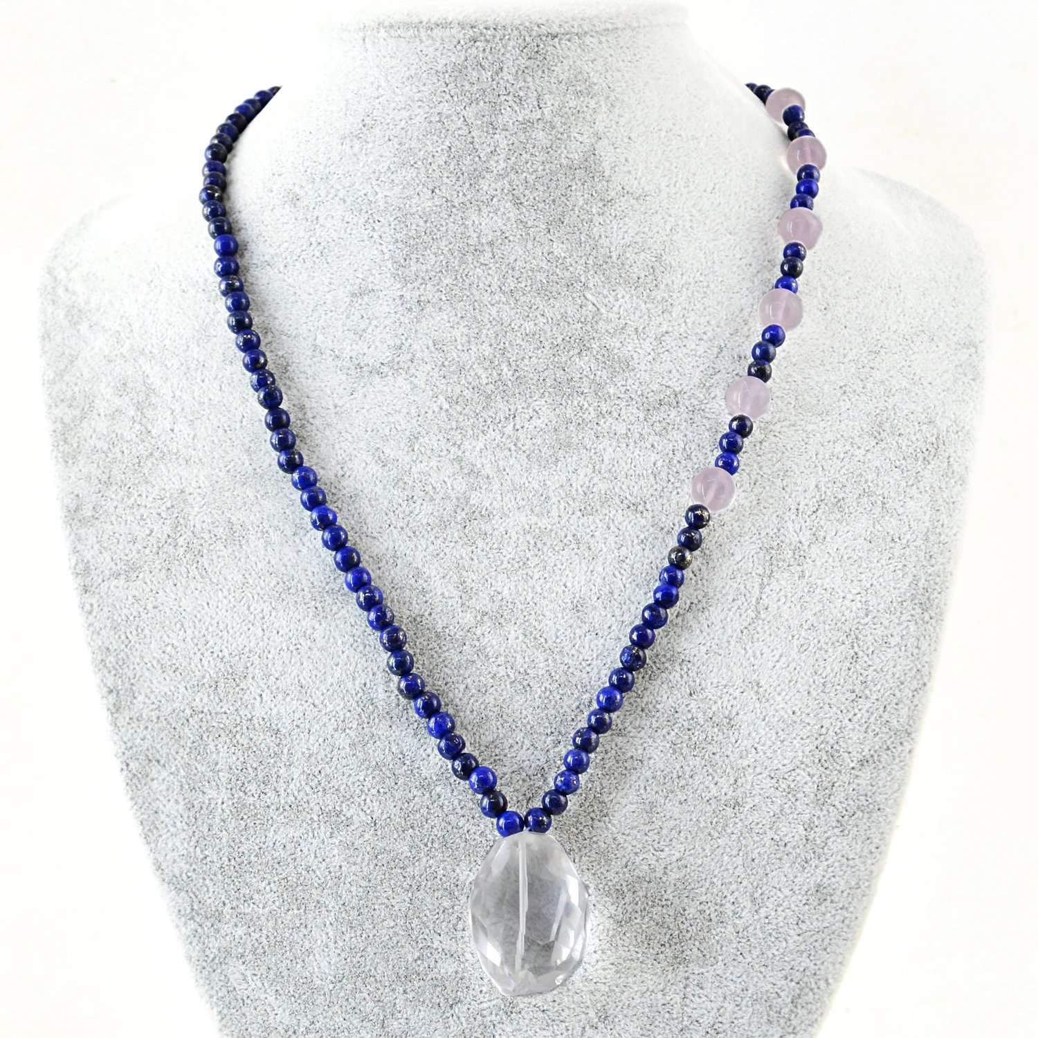 gemsmore:Natural Blue Lapis Lazuli & Pink Rose Quartz Necklace Untreated Beads