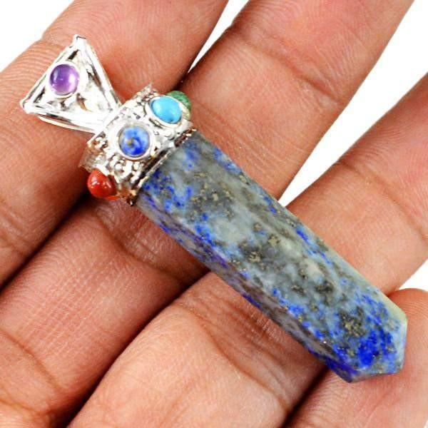 gemsmore:Natural Blue Lapis Lazuli Seven Chakra Healing Point Pendant