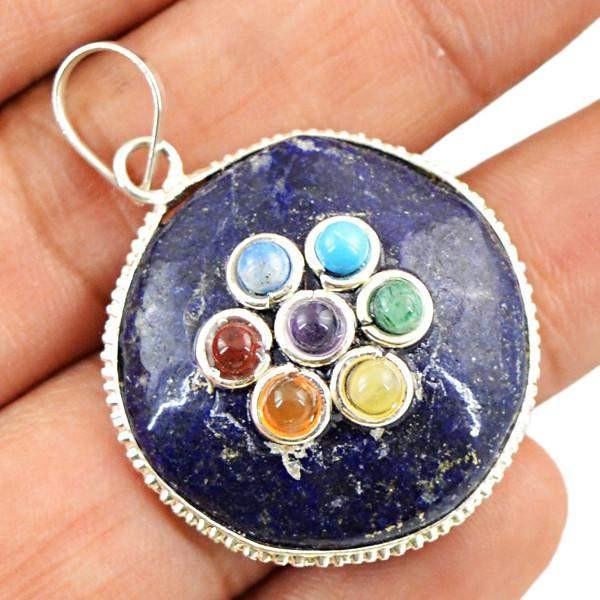 gemsmore:Natural Blue Lapis Lazuli Seven Chakra Round Shape Pendant