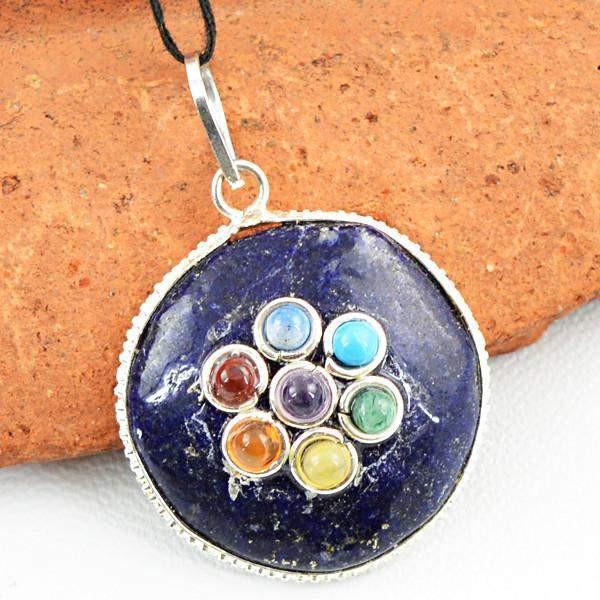 gemsmore:Natural Blue Lapis Lazuli Seven Chakra Round Shape Pendant