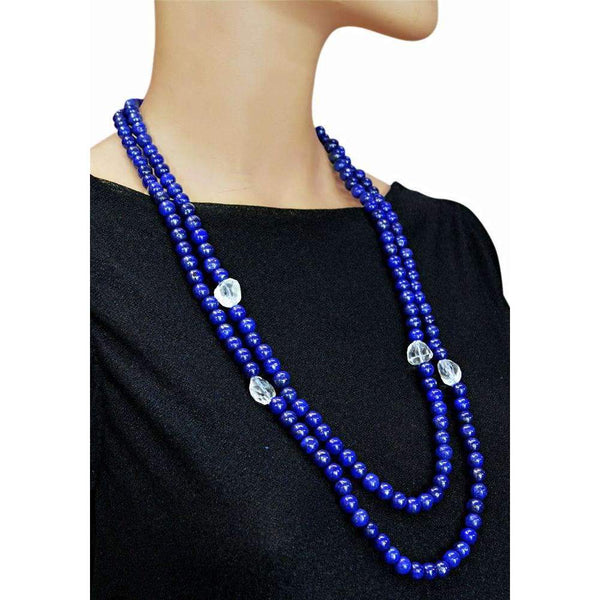 gemsmore:Natural Blue Lapis Lazuli & White Quartz Necklace Single Strand Round Shape Beads