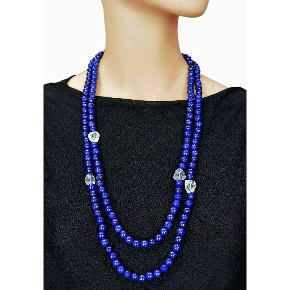 gemsmore:Natural Blue Lapis Lazuli & White Quartz Necklace Single Strand Round Shape Beads