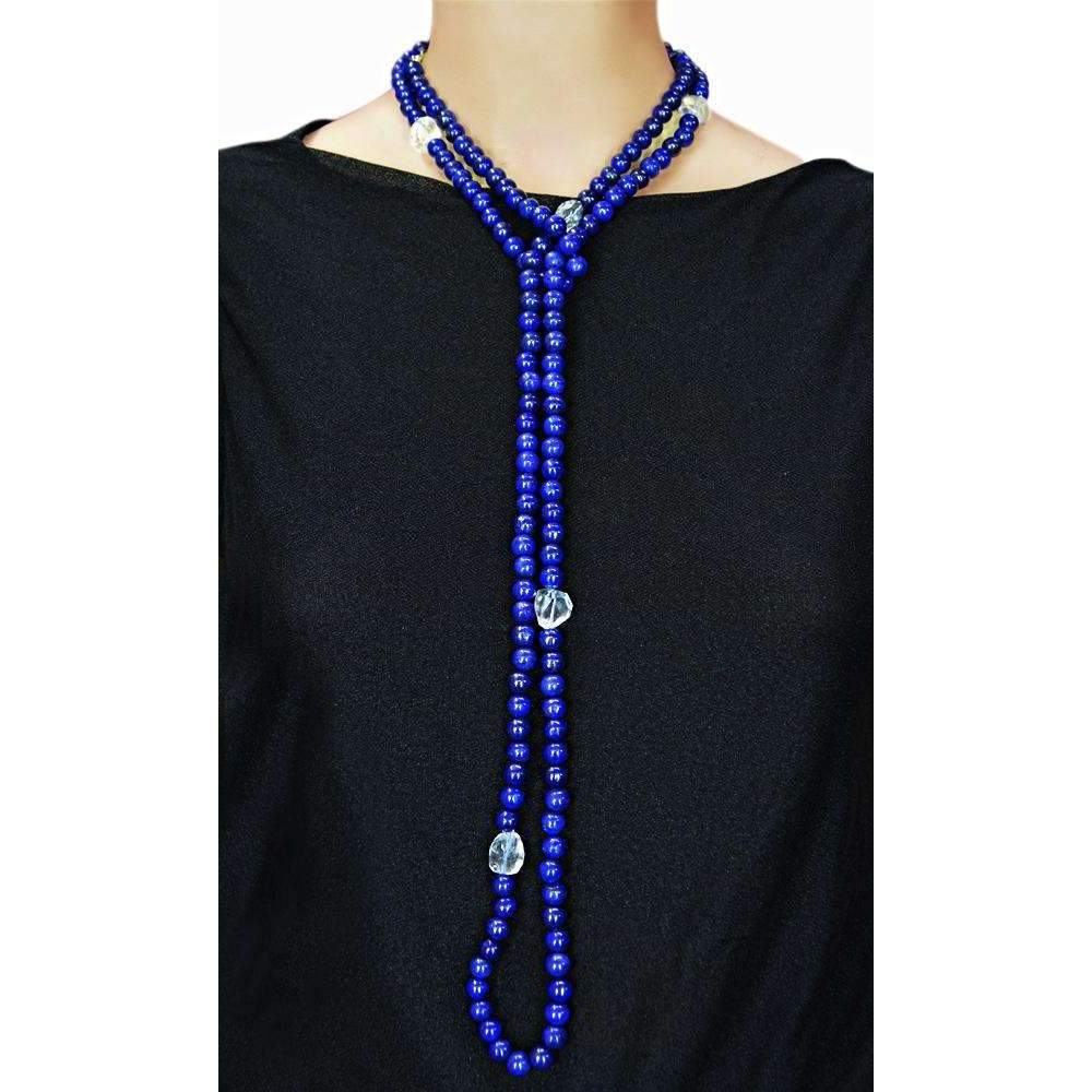 gemsmore:Natural Blue Lapis Lazuli & White Quartz Necklace Single Strand Round Shape Beads