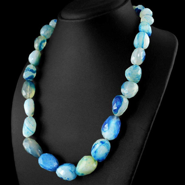 gemsmore:Natural Blue Onyx Necklace - Singel Strand Faceted Beads