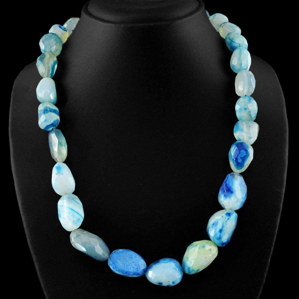 gemsmore:Natural Blue Onyx Necklace - Singel Strand Faceted Beads