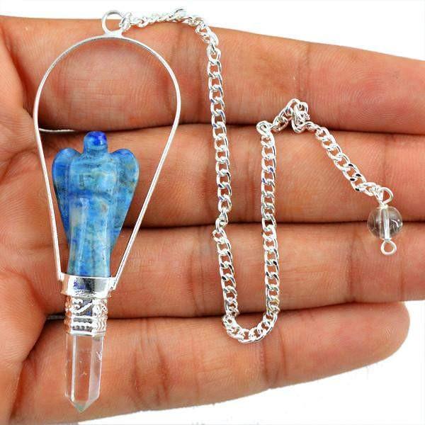 gemsmore:Natural Blue Sodalite Carved Angel Healing Point Pendulum