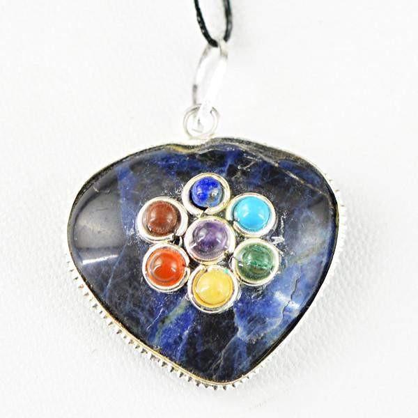 gemsmore:Natural Blue Sodalite Heart Shape Seven Chakra Pendant
