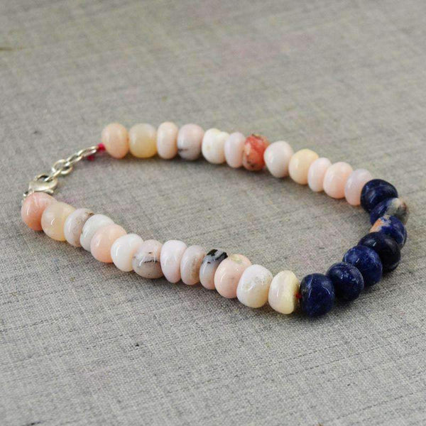 gemsmore:Natural Blue Sodalite & Pink Australian Opal Bracelet - Round Shape Beads