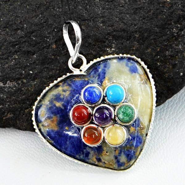 gemsmore:Natural Blue Sodalite Seven Chakra Heart Shape Healing Pendant