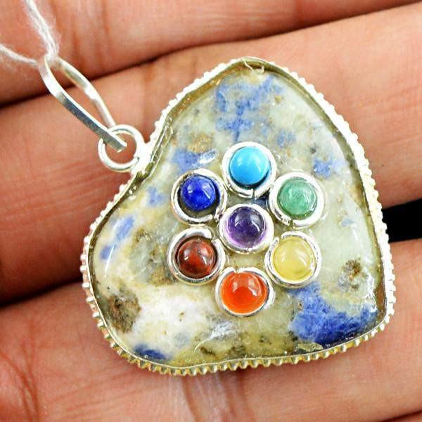 gemsmore:Natural Blue Sodalite Seven Chakra Heart Shape Pendant