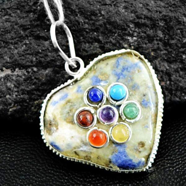 gemsmore:Natural Blue Sodalite Seven Chakra Heart Shape Pendant