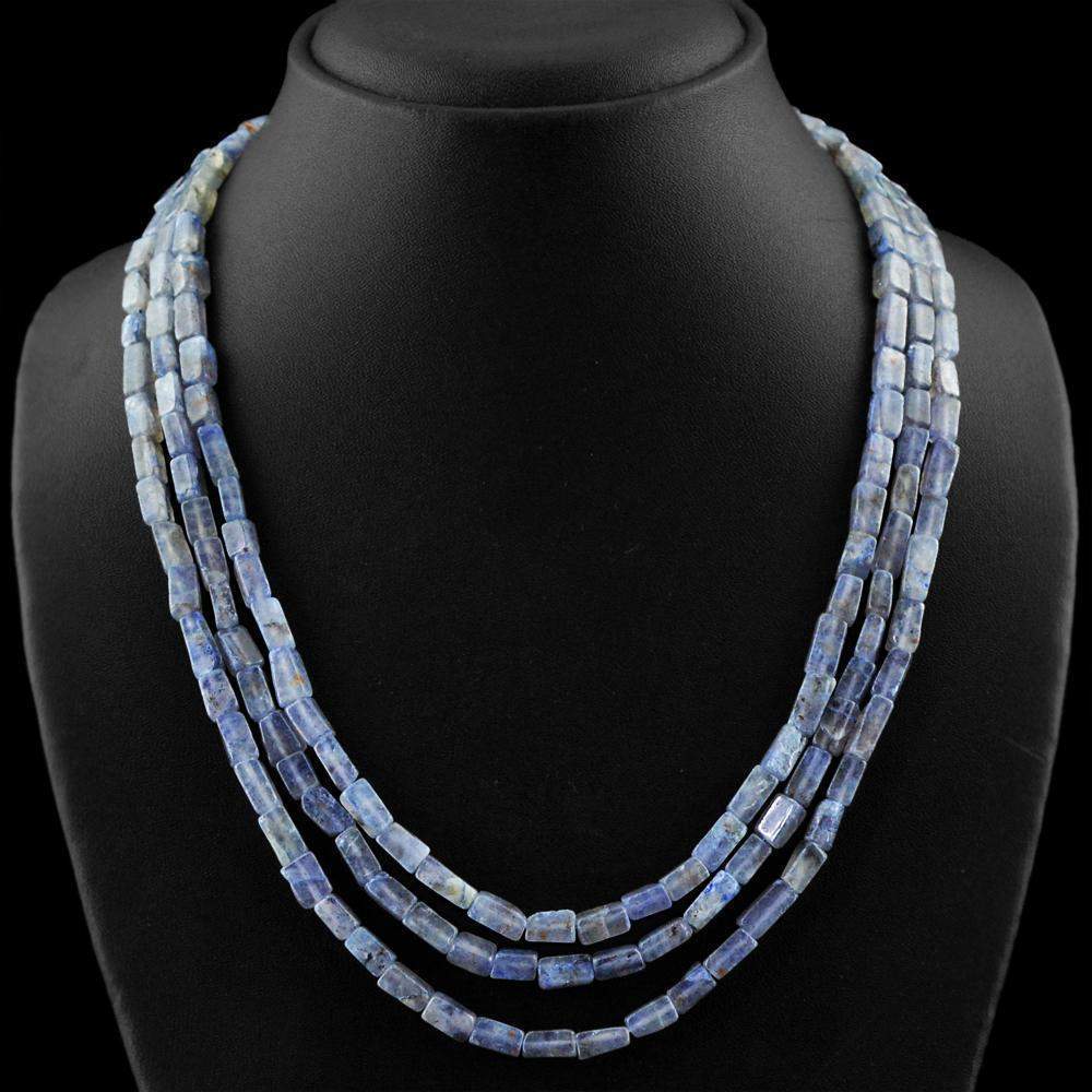 gemsmore:Natural Blue Tanzanite Necklace 3 Strand Untreated Beads