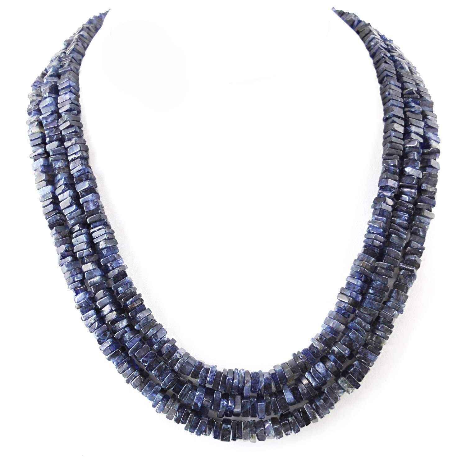 gemsmore:Natural Blue Tanzanite Necklace 3 Strand Untreated Beads