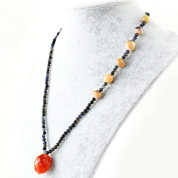 gemsmore:Natural Blue Tanzanite & Pink Australian Opal Necklace Untreated Round Beads