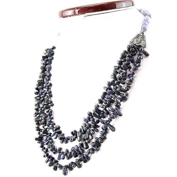 gemsmore:Natural Blue Tanzanite Tear Drop Beads Necklace - 3 Strand