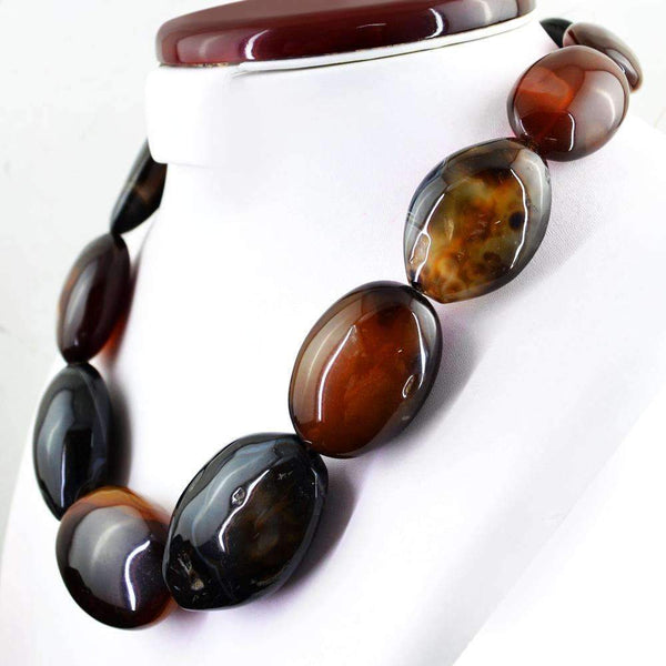 gemsmore:Natural Brown Onyx Necklace Oval Shape Huge Beads