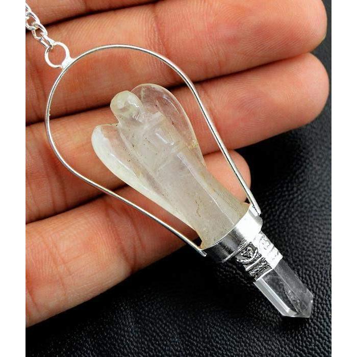 gemsmore:Natural Carved Angel White Quartz Healing Point Pendulum