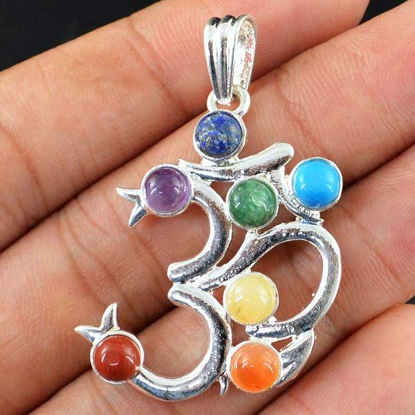 gemsmore:Natural Designer Om Shape Seven Chakra Pure Healing Pendant