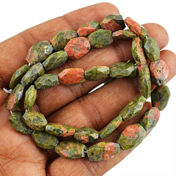 gemsmore:Natural Drilled Blood Green Unakite Beads Strand