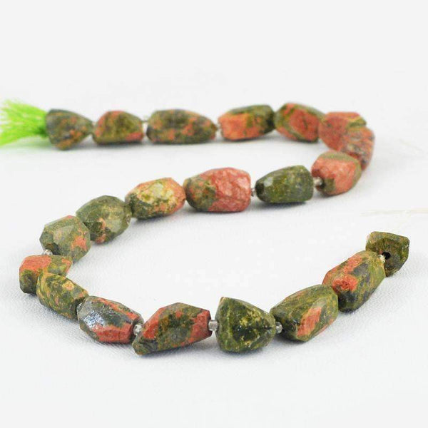 gemsmore:Natural Faceted Blood Green Unakite Drilled Beads Strand