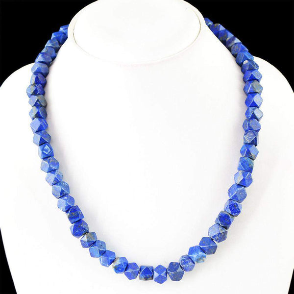 gemsmore:Natural Faceted Blue Lapis Lazuli Necklace Untreated Beads