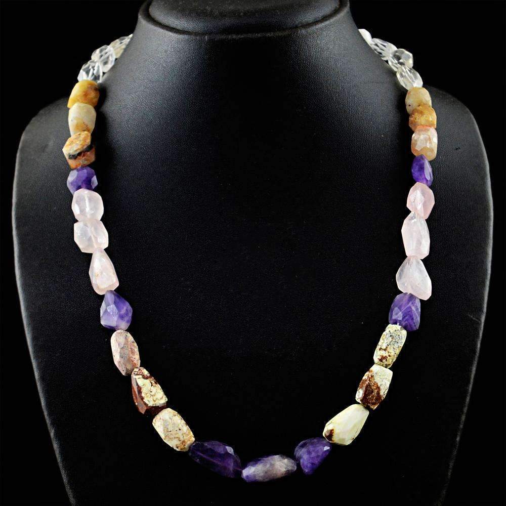 gemsmore:Natural Faceted Pink Rose Quartz & Bi-Color Amethyst Beads Necklace
