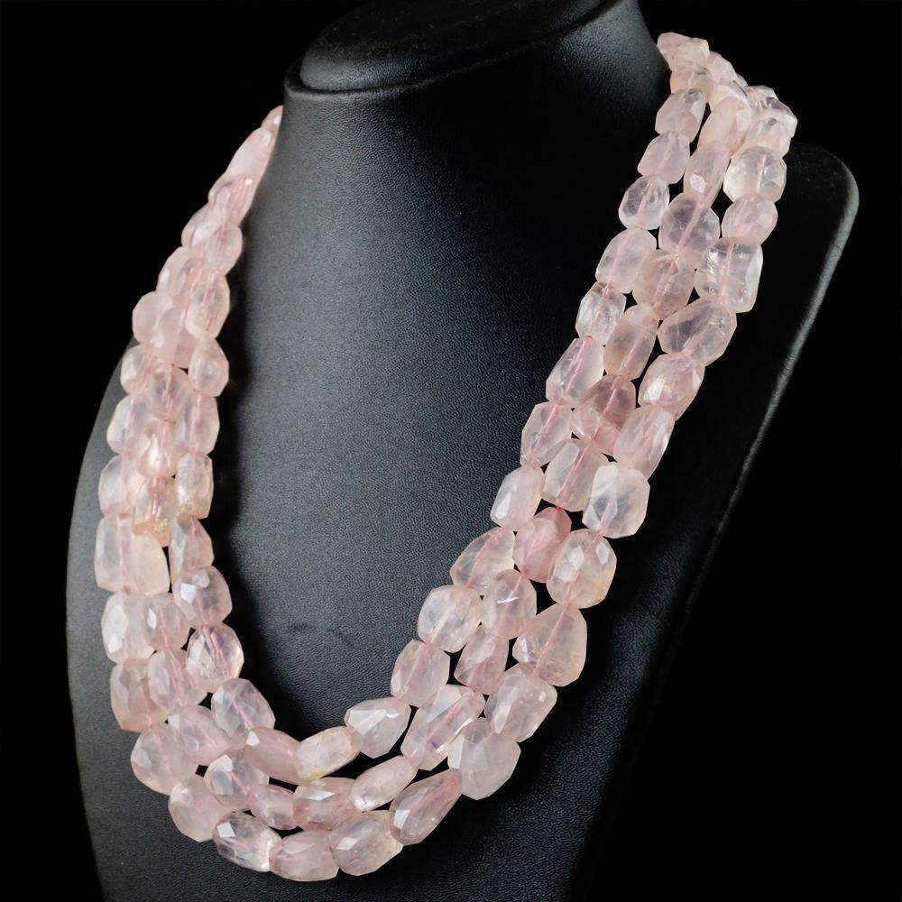 gemsmore:Natural Faceted Pink Rose Quartz Necklace - Untreated Beads