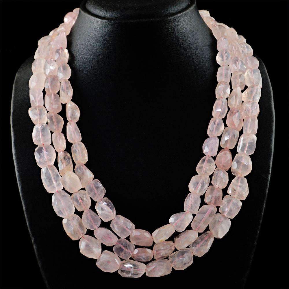 gemsmore:Natural Faceted Pink Rose Quartz Necklace - Untreated Beads