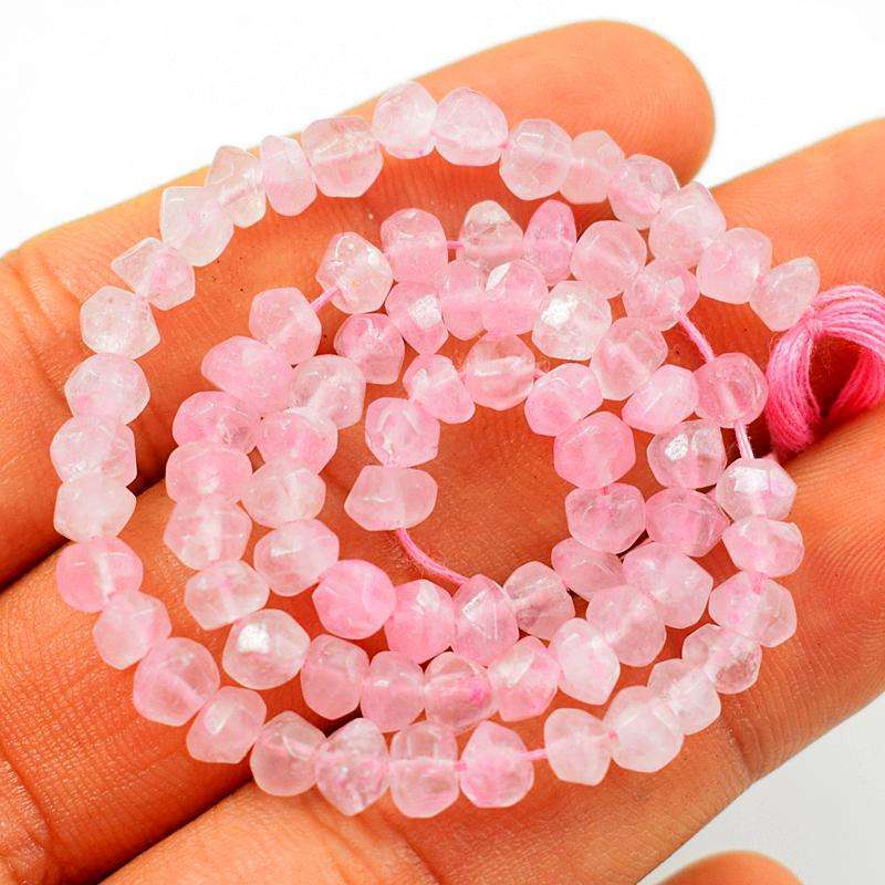 gemsmore:Natural Faceted Pink Rose Quartz Round Shape Drilled Beads Strand