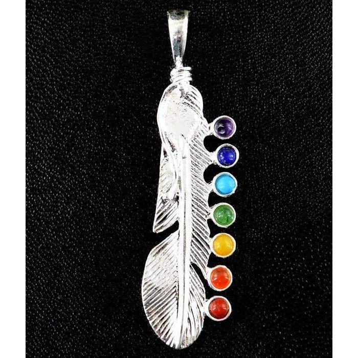 gemsmore:Natural Feather Seven Chakra Untreated Healing Pendant