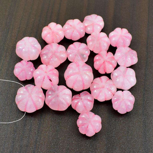 gemsmore:Natural Flower Carved Pink Rose Quartz Drilled Beads Lot