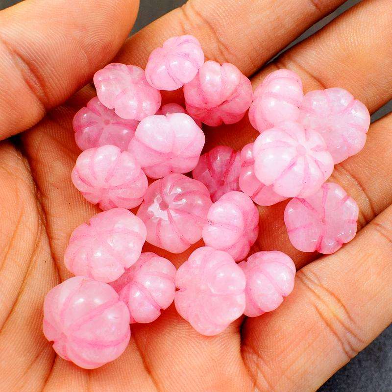 gemsmore:Natural Flower Carved Pink Rose Quartz Drilled Beads Lot