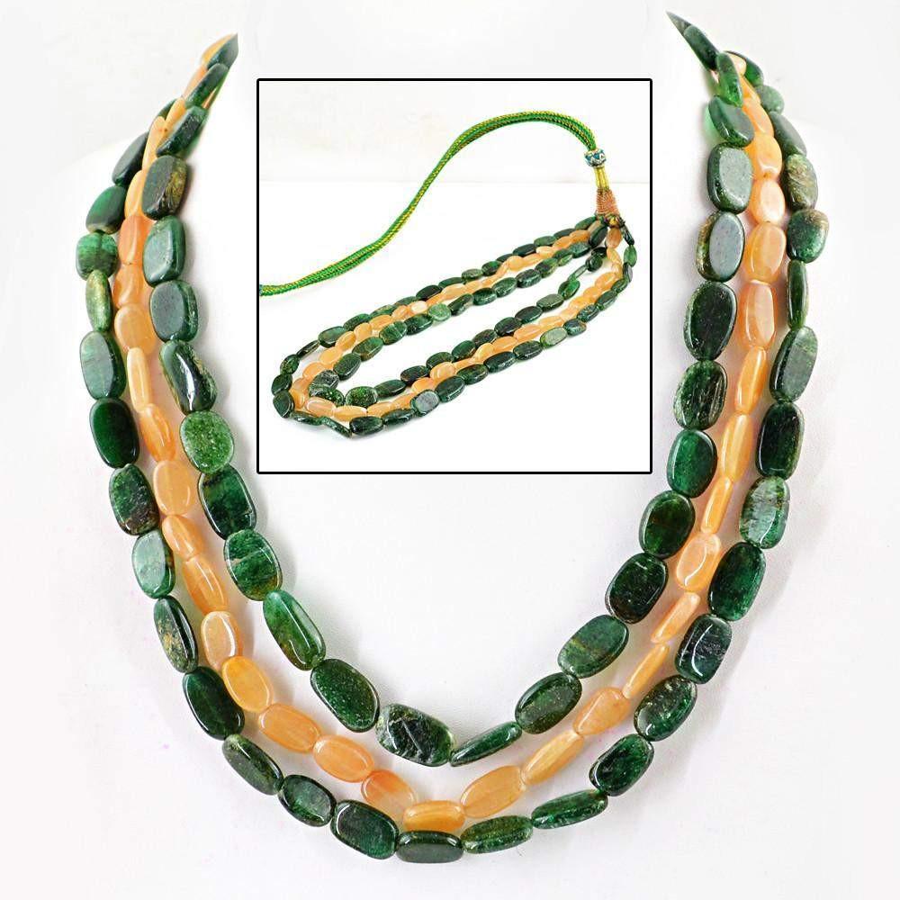 gemsmore:Natural Garnet & Aventurine Necklace 3 Strand Oval Shape Beads