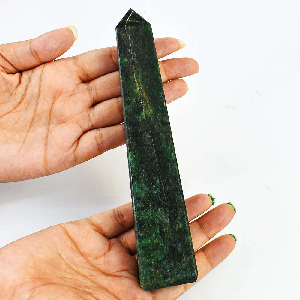 gemsmore:Natural Genuine Green Jade Carved Healing Crystal Tower