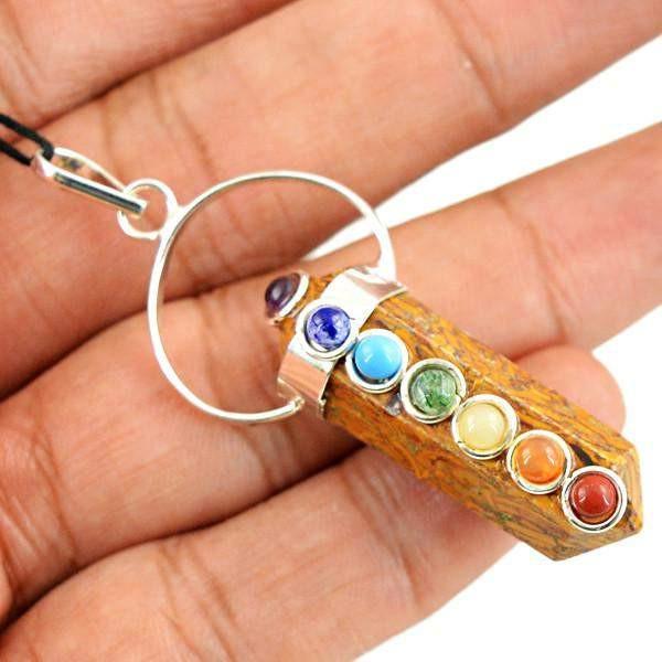 gemsmore:Natural Golden Art Jasper Seven Chakra Healing Point Pendant