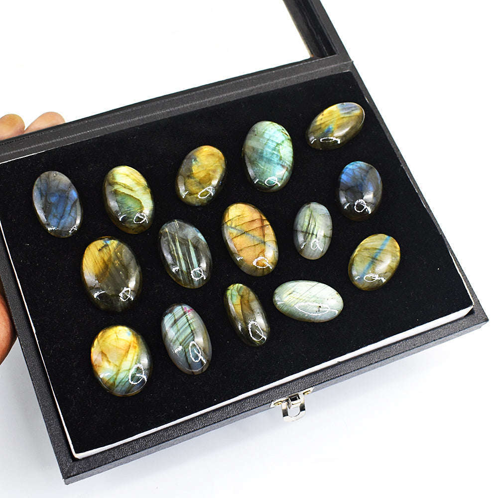 gemsmore:Natural Golden & Blue Flash Labradorite Cabochon Lot