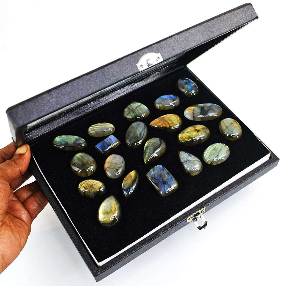 gemsmore:Natural Golden & Blue Flash Labradorite Cabochon Lot