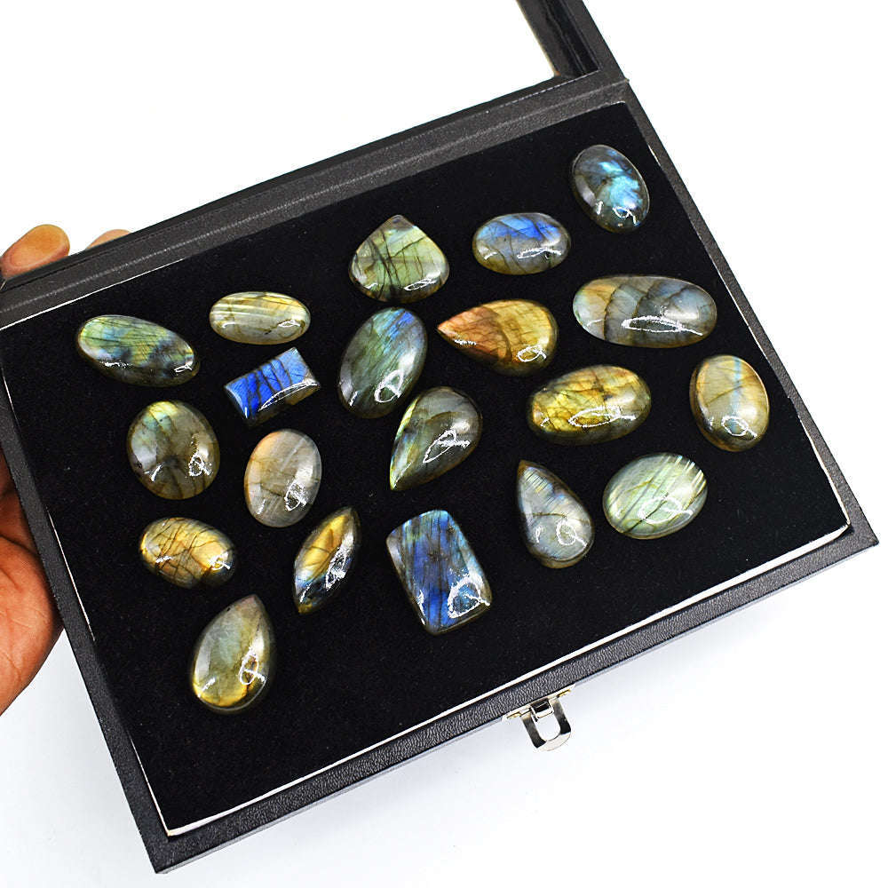 gemsmore:Natural Golden & Blue Flash Labradorite Cabochon Lot