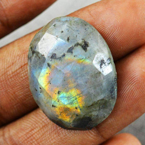 gemsmore:Natural Golden & Blue Flash Labradorite Gemstone Checkered Cut Oval Shape