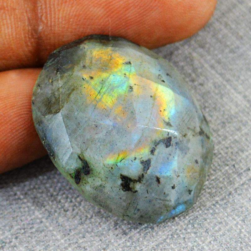 gemsmore:Natural Golden & Blue Flash Labradorite Gemstone Checkered Cut Oval Shape