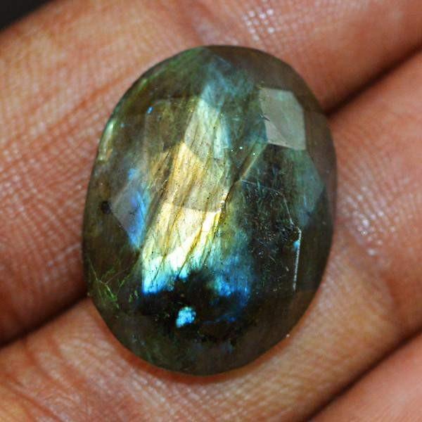 gemsmore:Natural Golden & Blue Flash Labradorite Oval Shape Checkered Cut Gemstone