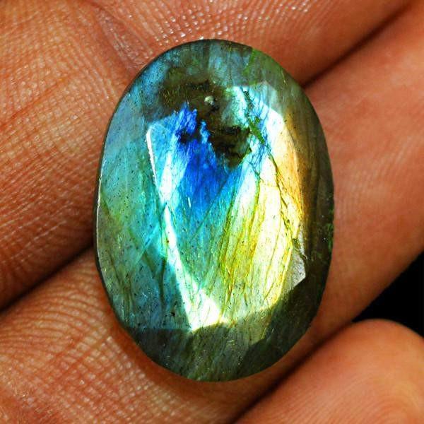 gemsmore:Natural Golden & Blue Flash Labradorite Oval Shape Checkered Cut Gemstone