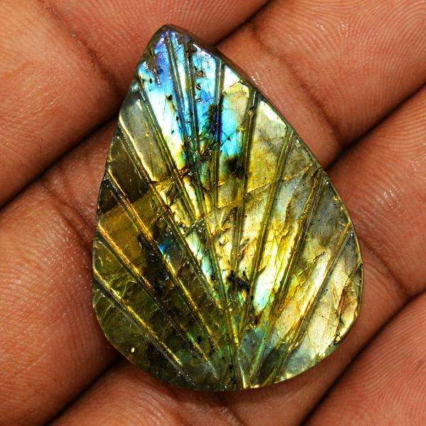 gemsmore:Natural Golden & Blue Flash Labradorite Pear Shape Carved Gemstone